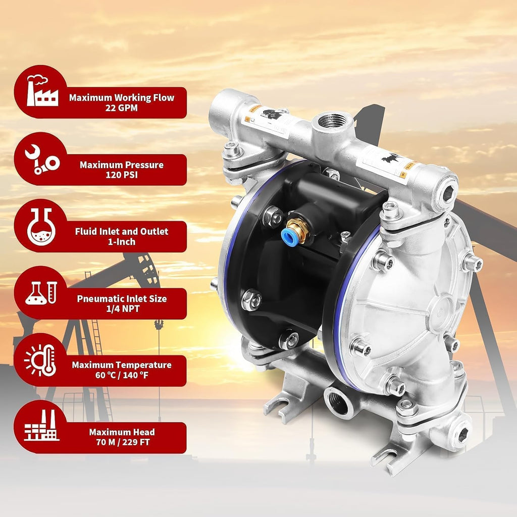 Nakkaa SS Pneumatic Double Diaphragm Pump 8.8GPM 1/2" In/Out Max 120PSI