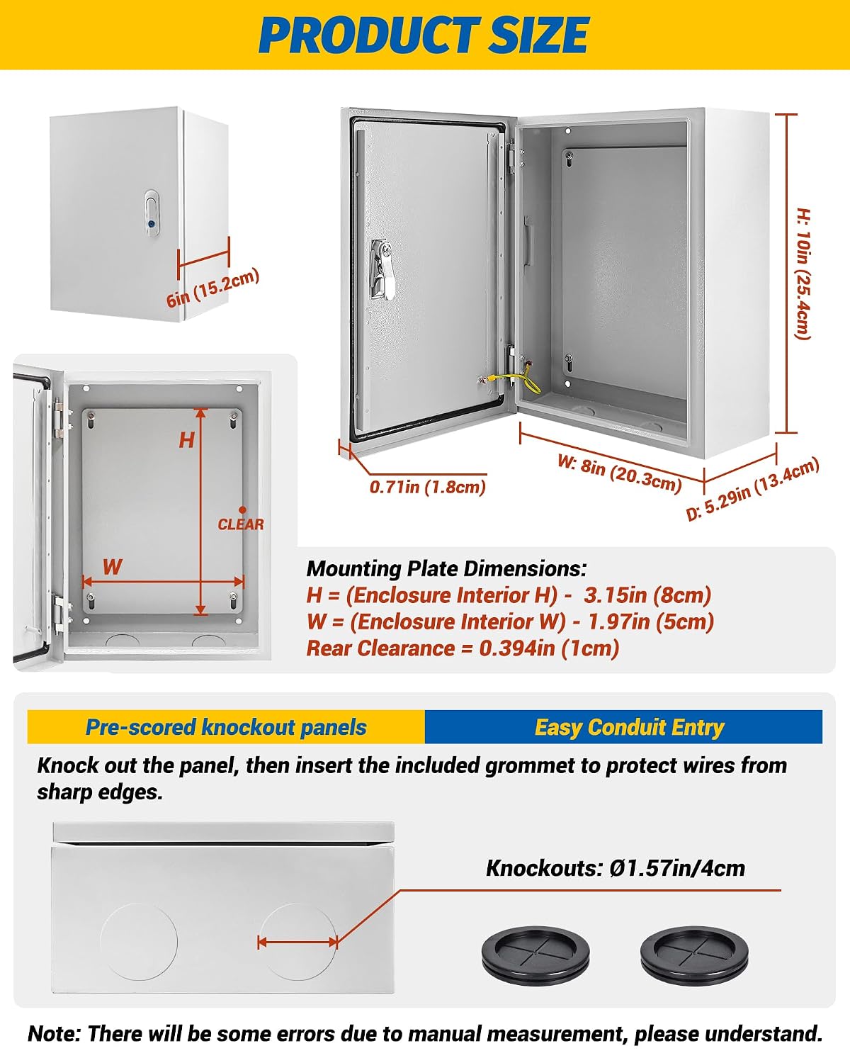 EIIYII Electrical Junction Box 10x8x6'' IP66 NEMA 4X Steel Enclosure