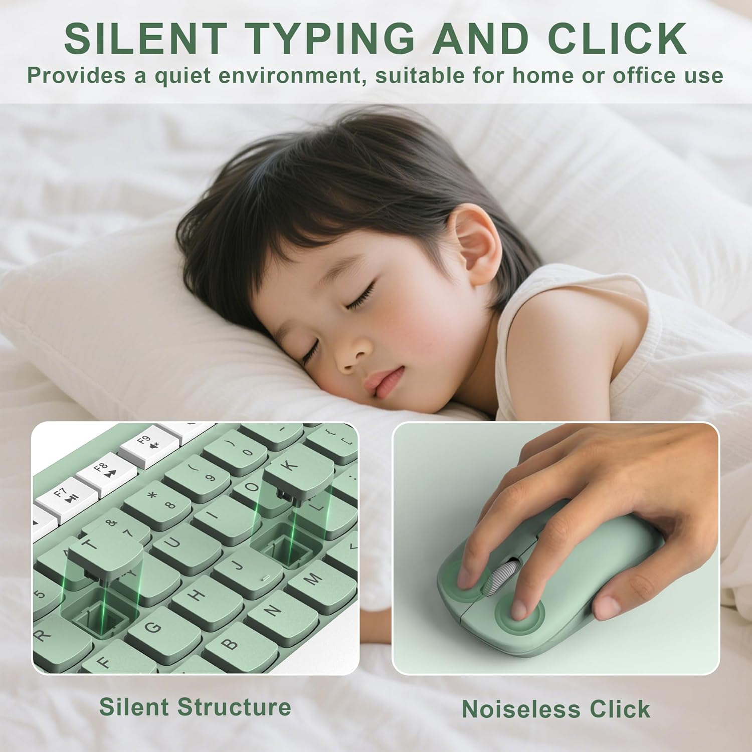 Wireless Keyboard and Mouse Combo Silent for Office and Home(Avocado Green) | 2.4G Full Size Silent Cordless Keyboard