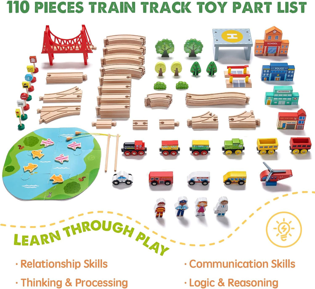 110PCS Wooden Train Set, Toy Train with Tracks | Compatible with Major Brands, Ideal Railway Playset for Boys and