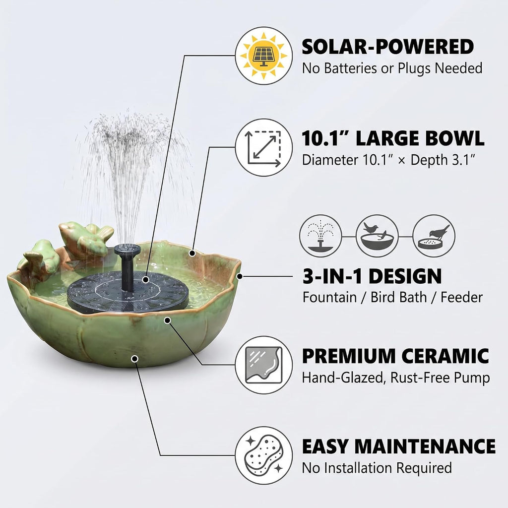 Large Ceramic Bird Bath Bowl with Solar Powered Fountain, Solar Bird Bath Fountain for Outdoors, Hummingbird Solar