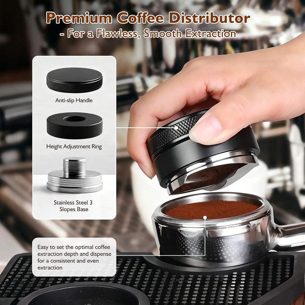 54mm Espresso Accessories Kit, 7Pcs Coffee Tamper Set with Wooden Tamping Station, Tamper, WDT Tool, Distributor