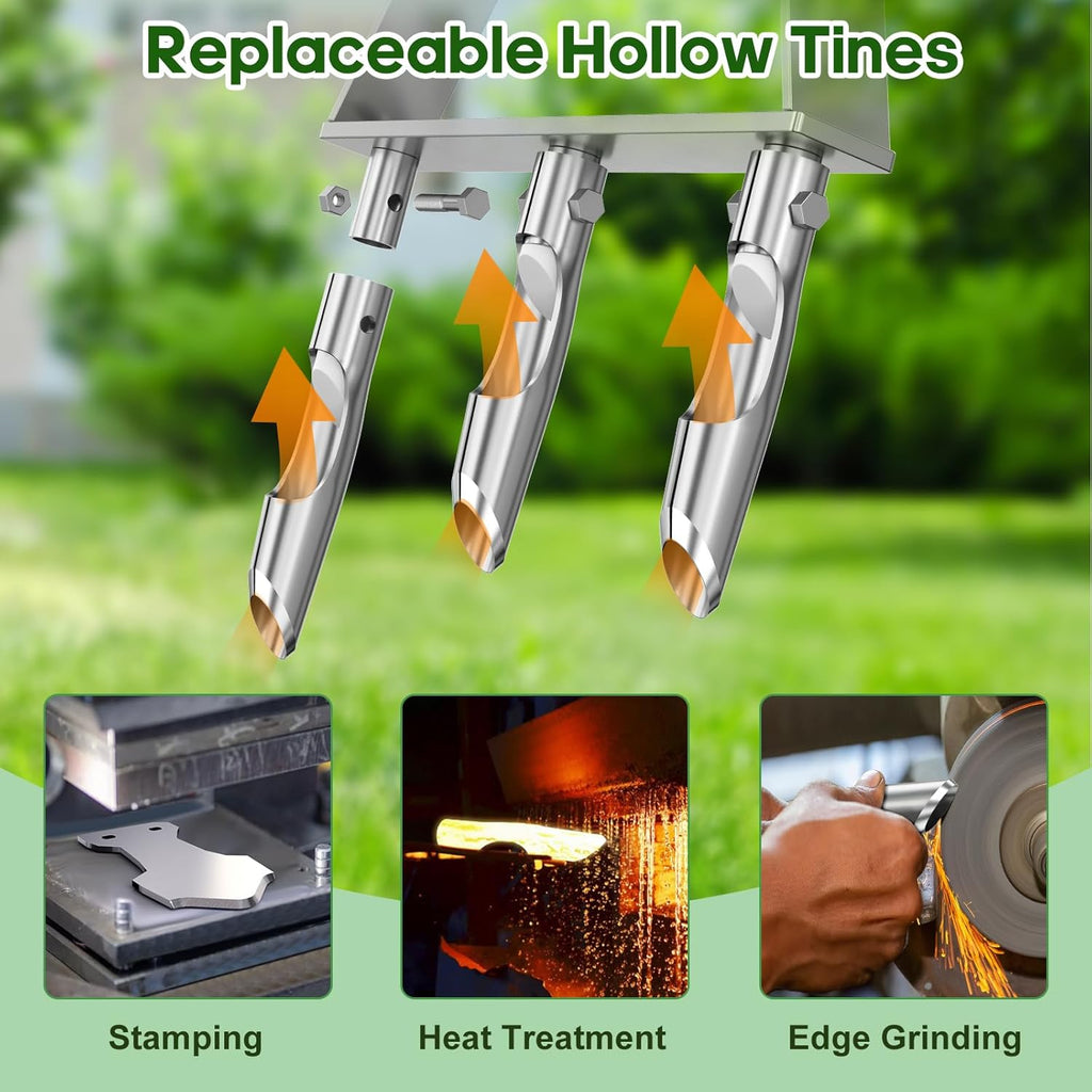 Manual Core Aerator Lawn Tool - Lawn Aerator Tool with 3 Hollow Tines, Semi-Assembled Grass Aerator Core Aeration