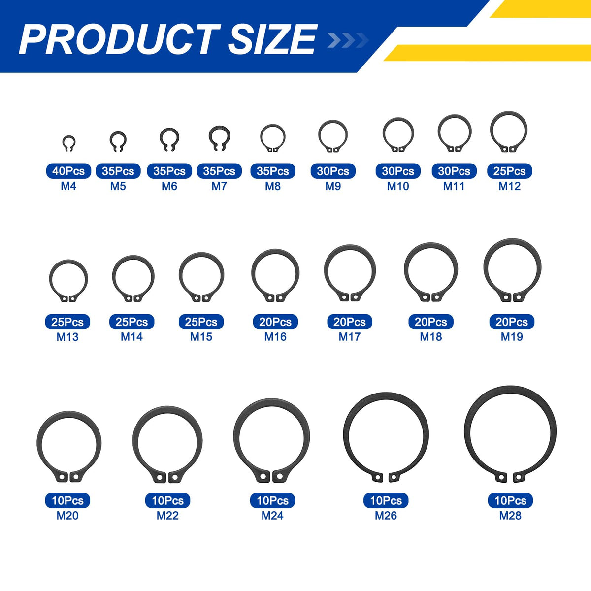 BOLTALIVON 500Pcs M4-M28 External Retaining Ring C Clips Snap Rings