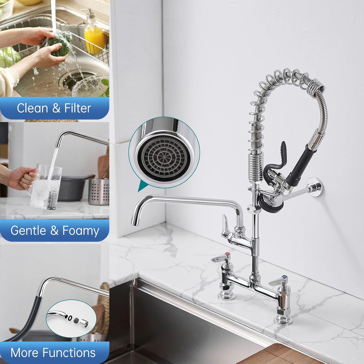Commercial Kitchen Faucet,26 Inch 3 Compartment Sink Faucets Chrome