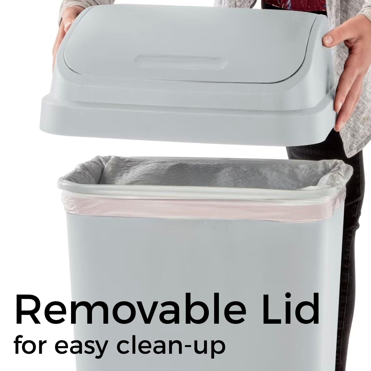13 Gallon Kitchen Trash Can with Removable Swing Top Lid, Plastic, Rectangular, Gray, Wastebasket for Kitchen
