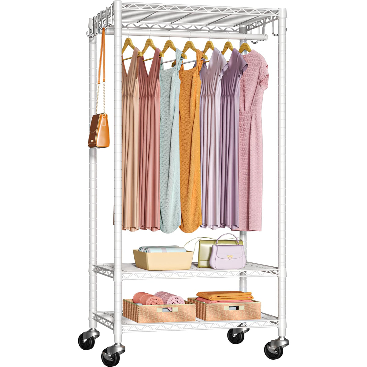 Rolling Clothes Rack, Clothing Racks for Hanging Clothes, White