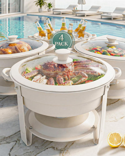 Chafing Dishes for Buffet, 6QT Round, White Granite, 4 Pack | Granite-coated stainless steel pans, clear white