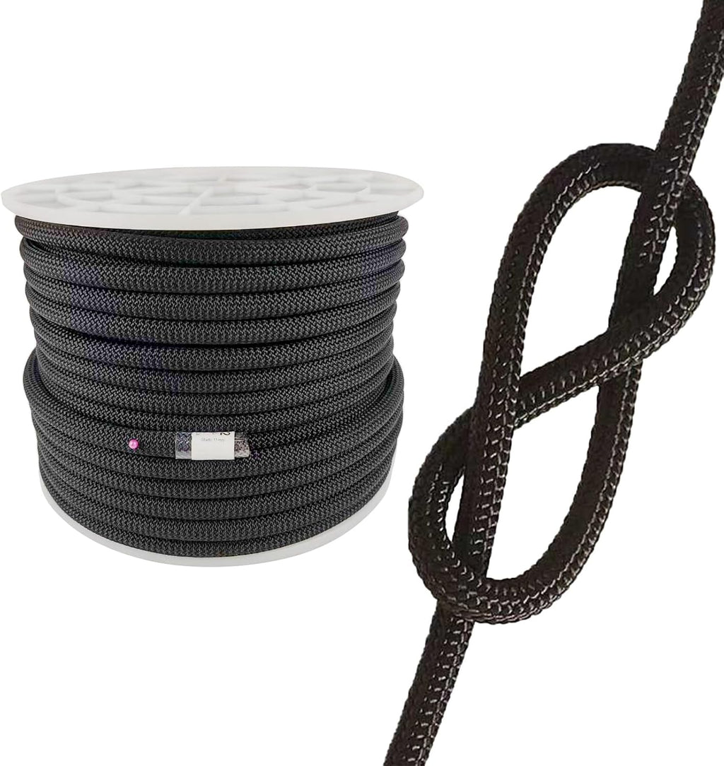 UIAA Static Climbing Rope 10.5mm, 45M(150FT) Black Nylon Rope | Kernmantle Rope, Rappelling Rope