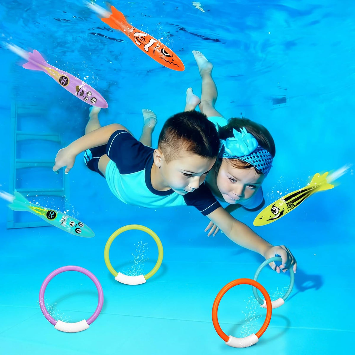 Diving Toys Games, 8 Pcs Swimming Pool Toys for Kids Ages 4-8 | Underwater Training Diving Rings and Pool Torpedo