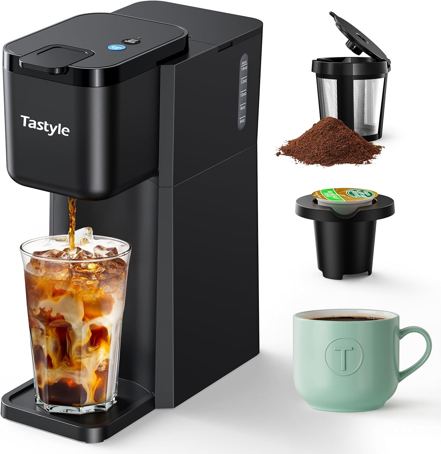 Mini Single Serve Hot and Iced Coffee Maker for K Cup and Ground | 6 to14 Oz Brew Sizes, with Recipe Book, for Home
