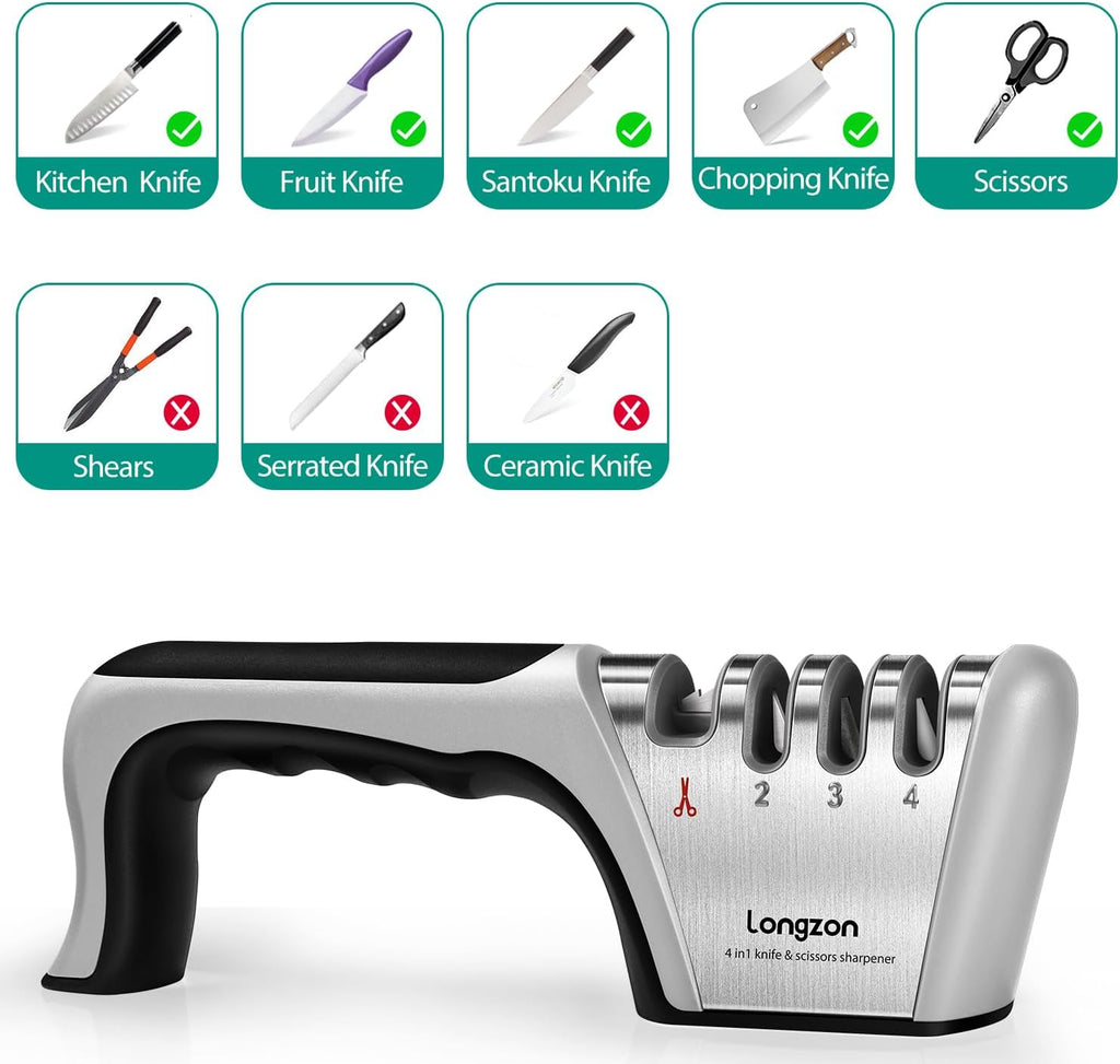 5-in-1 Knife Sharpener 4 Stage with Cut-Resistant Glove, Quickly Sharpens & Restores Dull Blades, Easy & Safe for