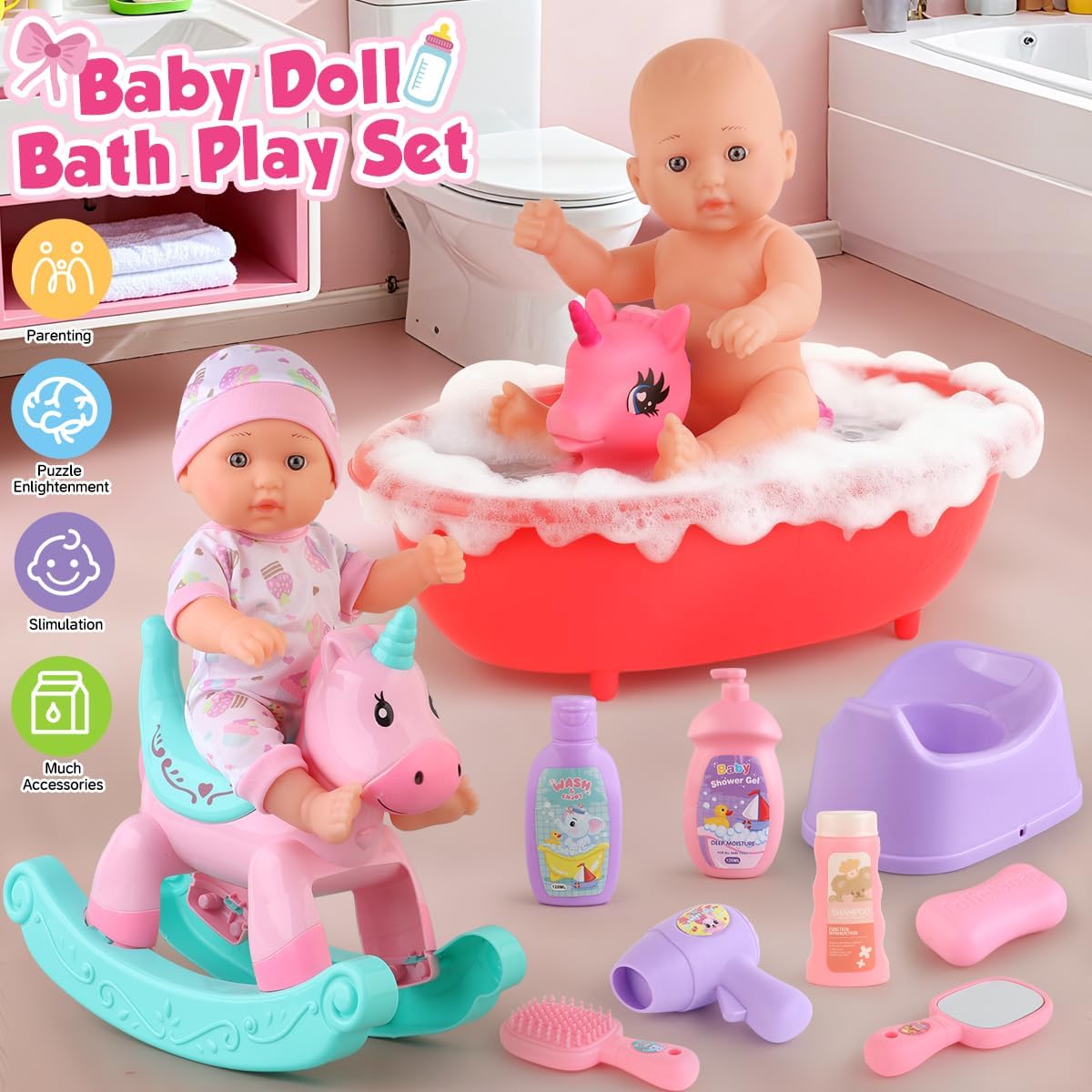 Baby Doll Bath Toys Set with Bathtub, 11" Baby Dolls, Rocking Chair,Swimming Ring, 2 Sets Baby Dolls Clothes and 15