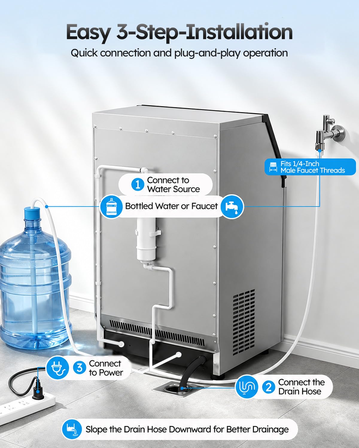 Commercial Ice Maker 200lbs/24h with 50lbs Storage Bin 2 Water Inlet