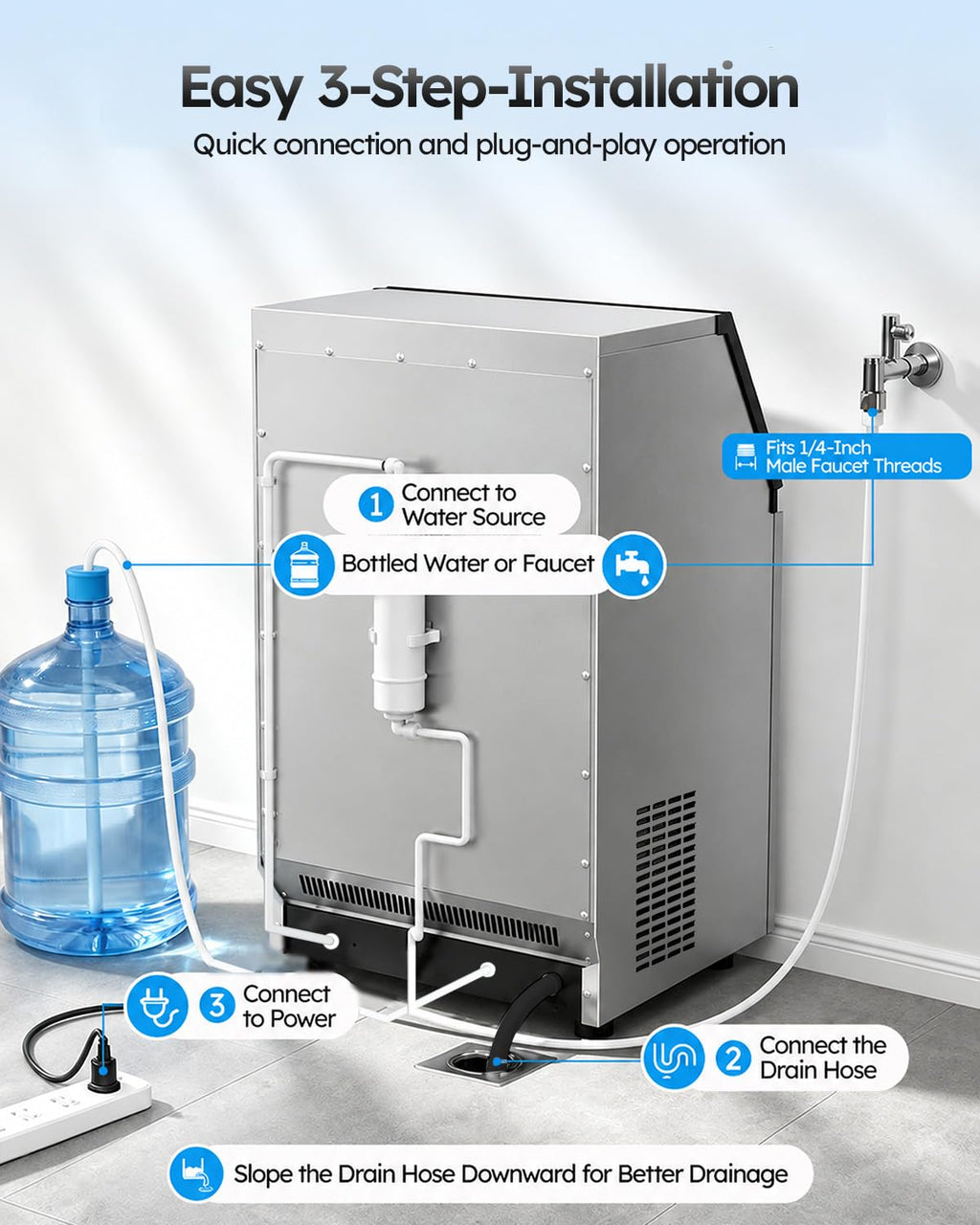 Commercial Ice Maker 200lbs/24h with 50lbs Storage Bin 2 Water Inlet