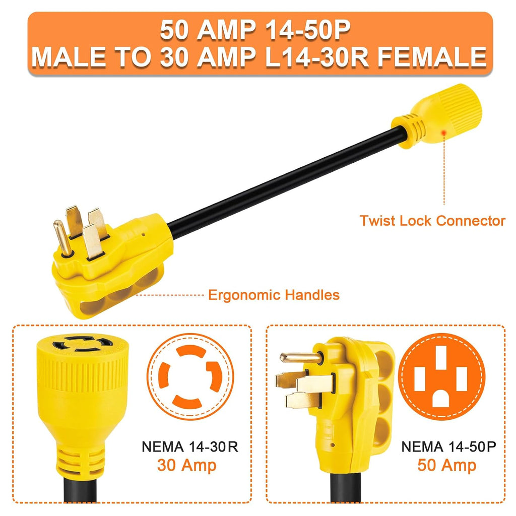 10ft NEMA 14-50P to L14-30R Generator Transfer Switch Adapter Cord | 240V/120V 50 Amp Male to 30 Amp Female Twist