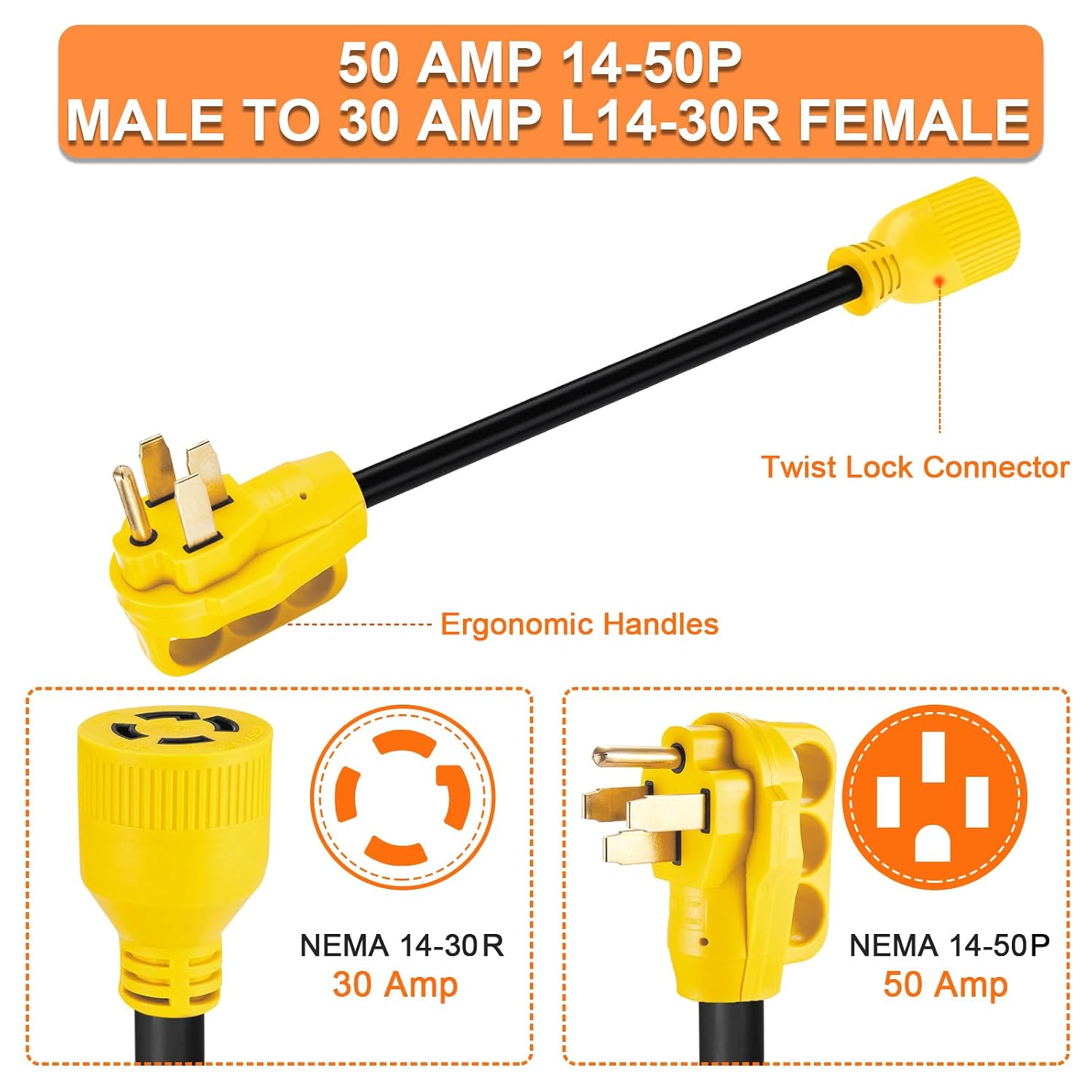10ft NEMA 14-50P to L14-30R Generator Transfer Switch Adapter Cord | 240V/120V 50 Amp Male to 30 Amp Female Twist