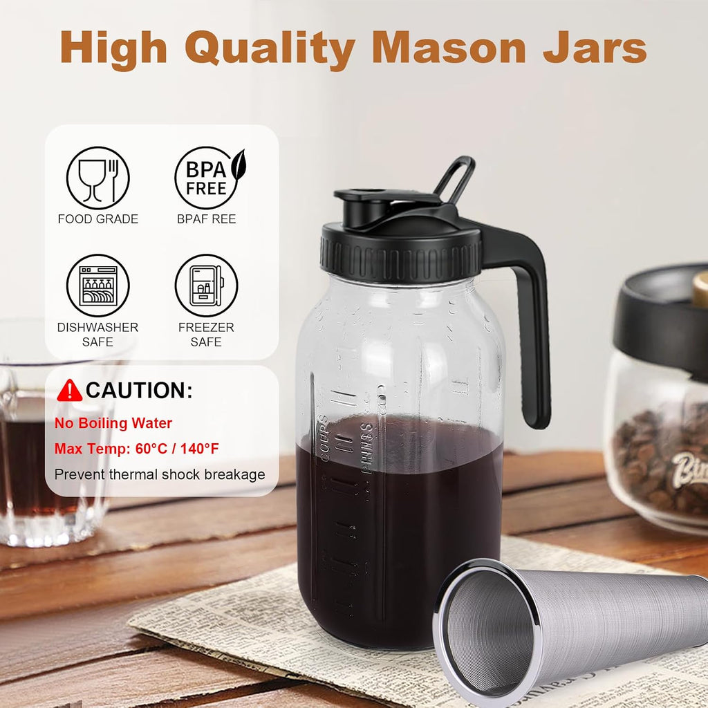 Cold Brew Coffee Maker,64 oz Mason Jar Pitcher with Stainless Steel Filter, Pour Spout Handle Lid, Heavy Duty Glass
