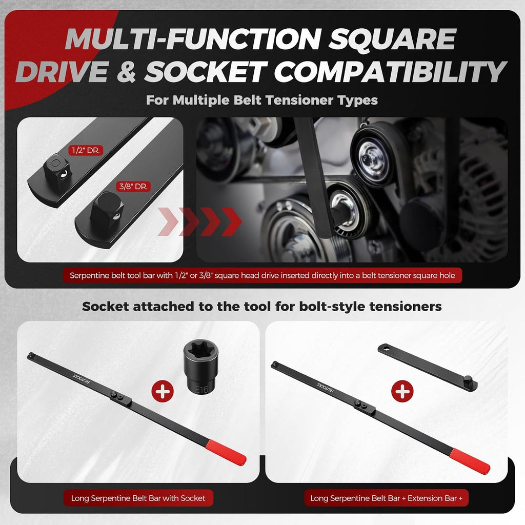Serpentine Belt Tool, Fold Tensioner Wrench, 3/8" & 1/2" Drive
