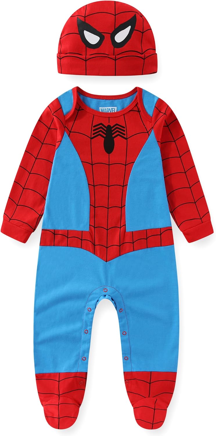 Spider-Man Baby Boys Footie Romper and Hat 2 Piece Set for Infants