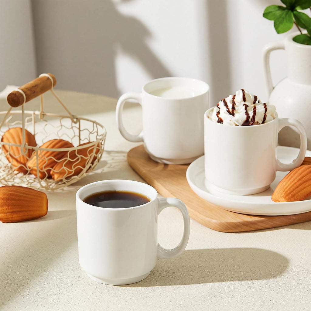 10 Oz Stackable White Coffee Mug, Porcelain Coffee Mugs Sets of 6, Coffee Cups with Handle for Specialty Coffee