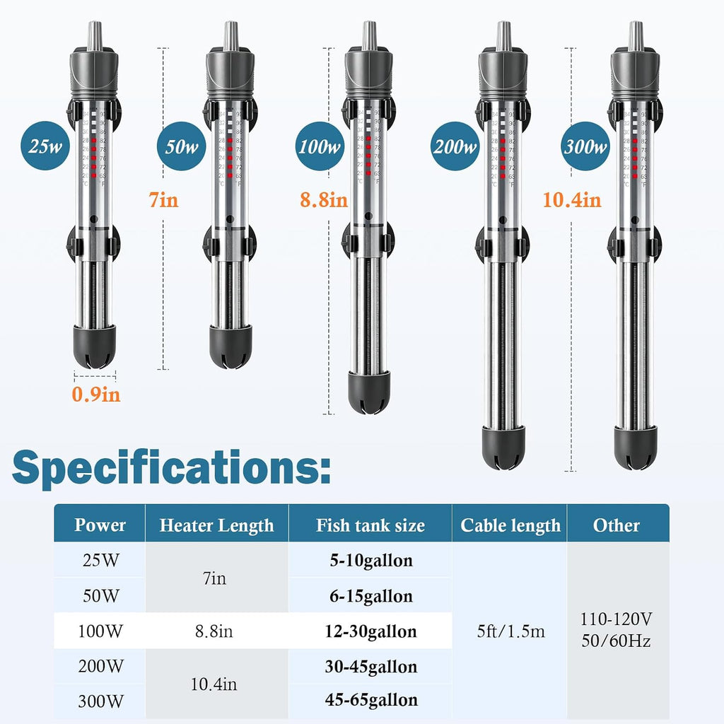 50W Adjustable Aquarium Heater, Submersible Fish Tank Heater Thermostat with Suction Cups for 6-15Gal