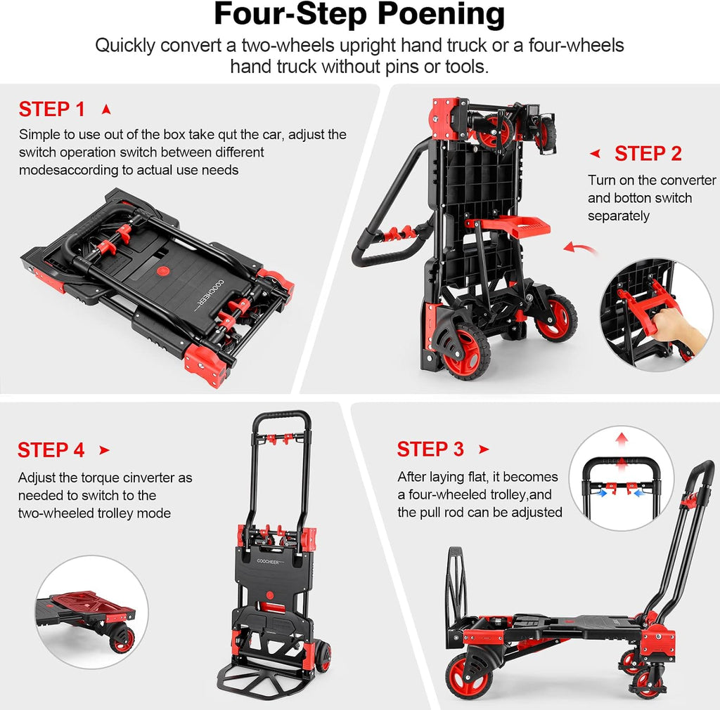 Folding Hand Truck Dolly, 330lb Convertible 4 to 2 Wheel Moving Cart, Red