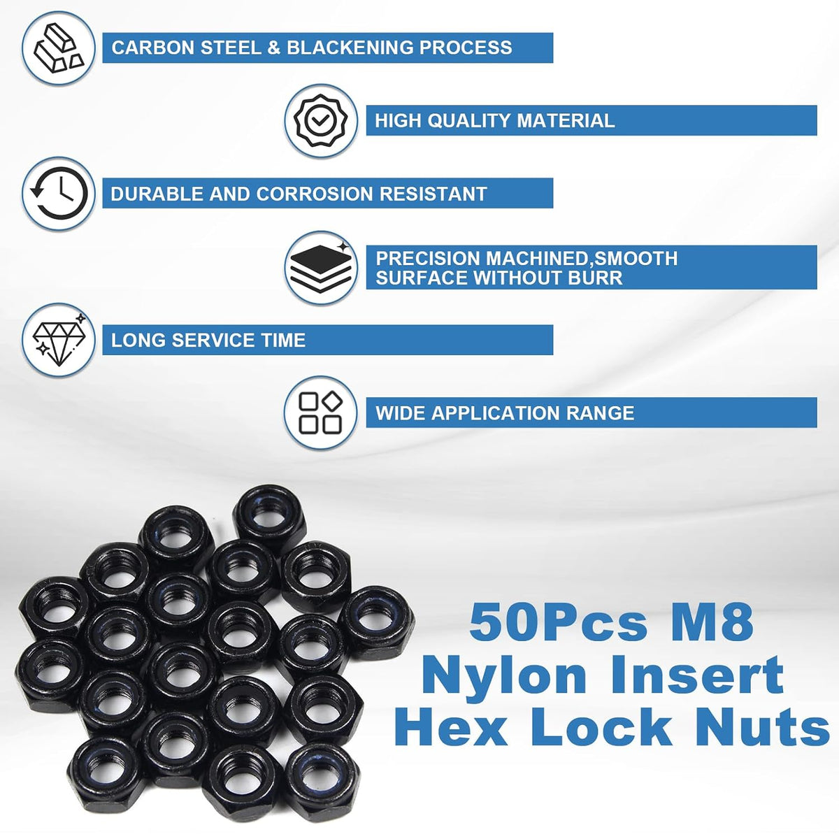 50Pcs M8 x 1.25mm Carbon Steel Hex Lock Nuts, Nylon Insert Self-Locking Nut