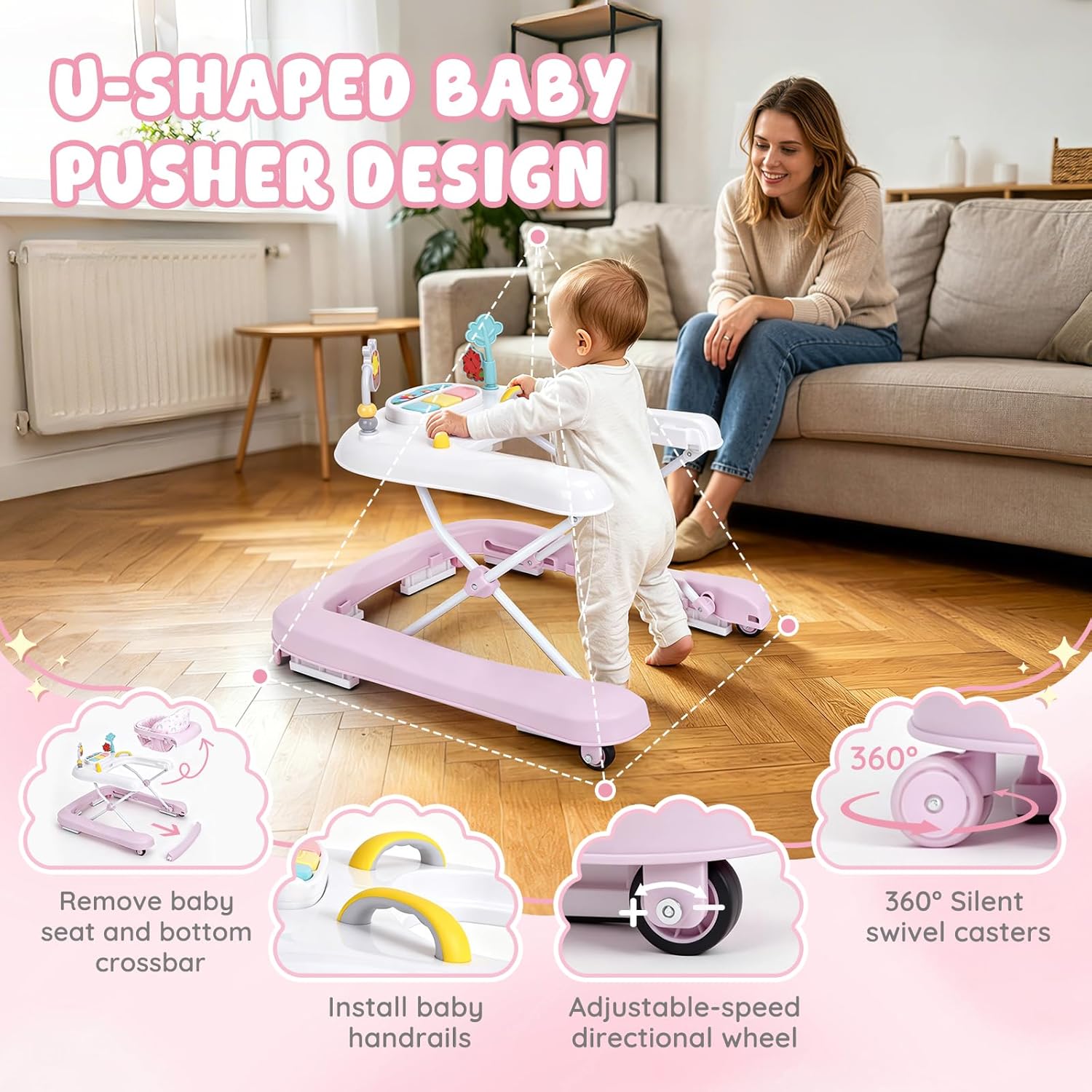 Baby Walker with Wheels, 5-in-1 Foldable Push Walker for Girls 6-12 Months | Pink, baby walker & bouncer combo