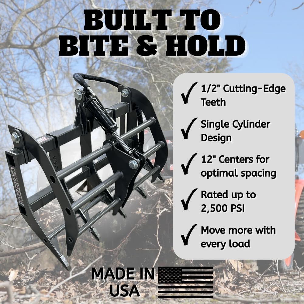 Ag Rite 48" Compact Root Grapple for Tractors - Single Cylinder | MADE IN USA | 1/2" Steel Teeth, 12" Tine Spacing