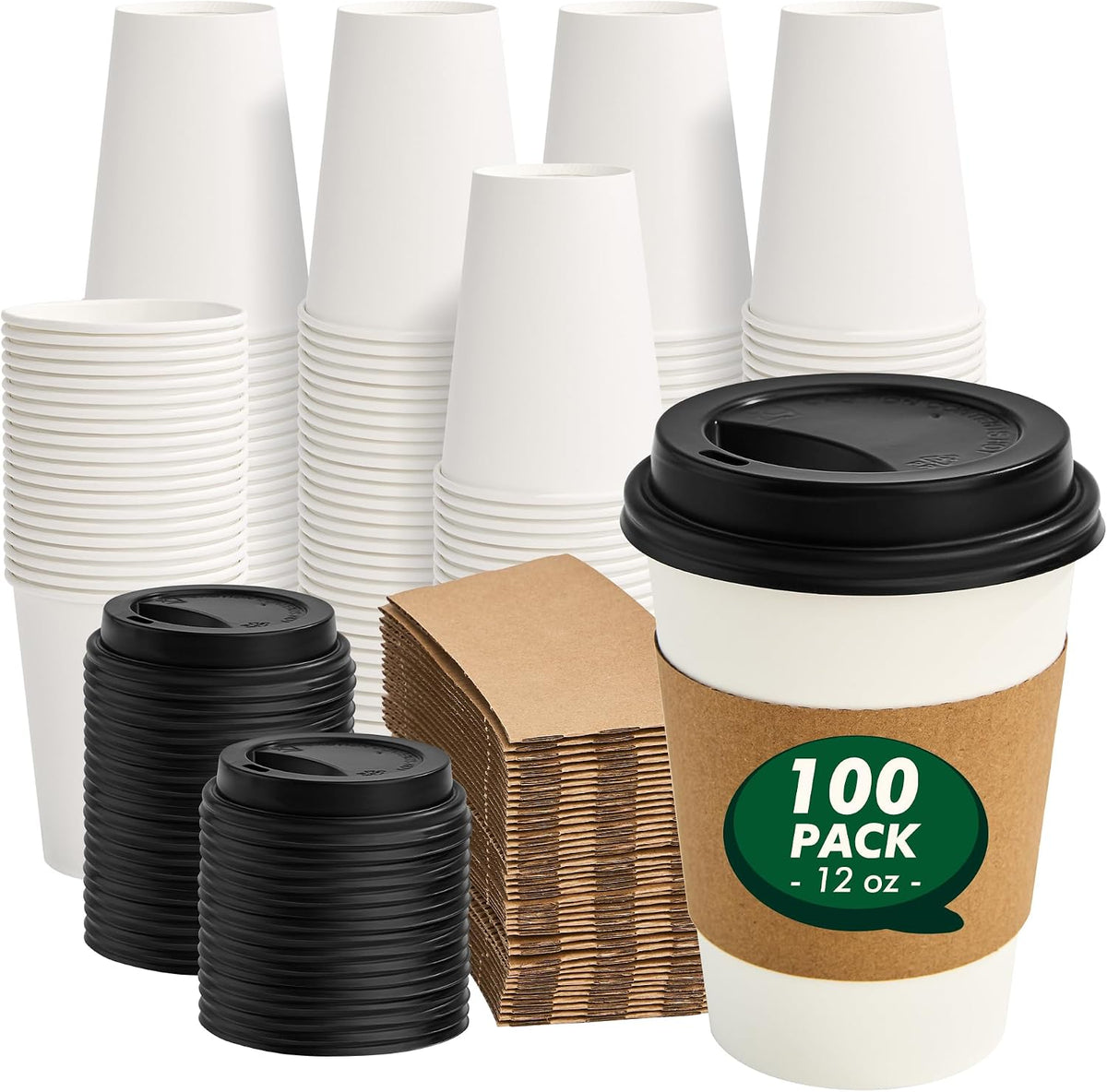 12 oz Coffee Cups with Lids and Sleeves 100 Pack, White