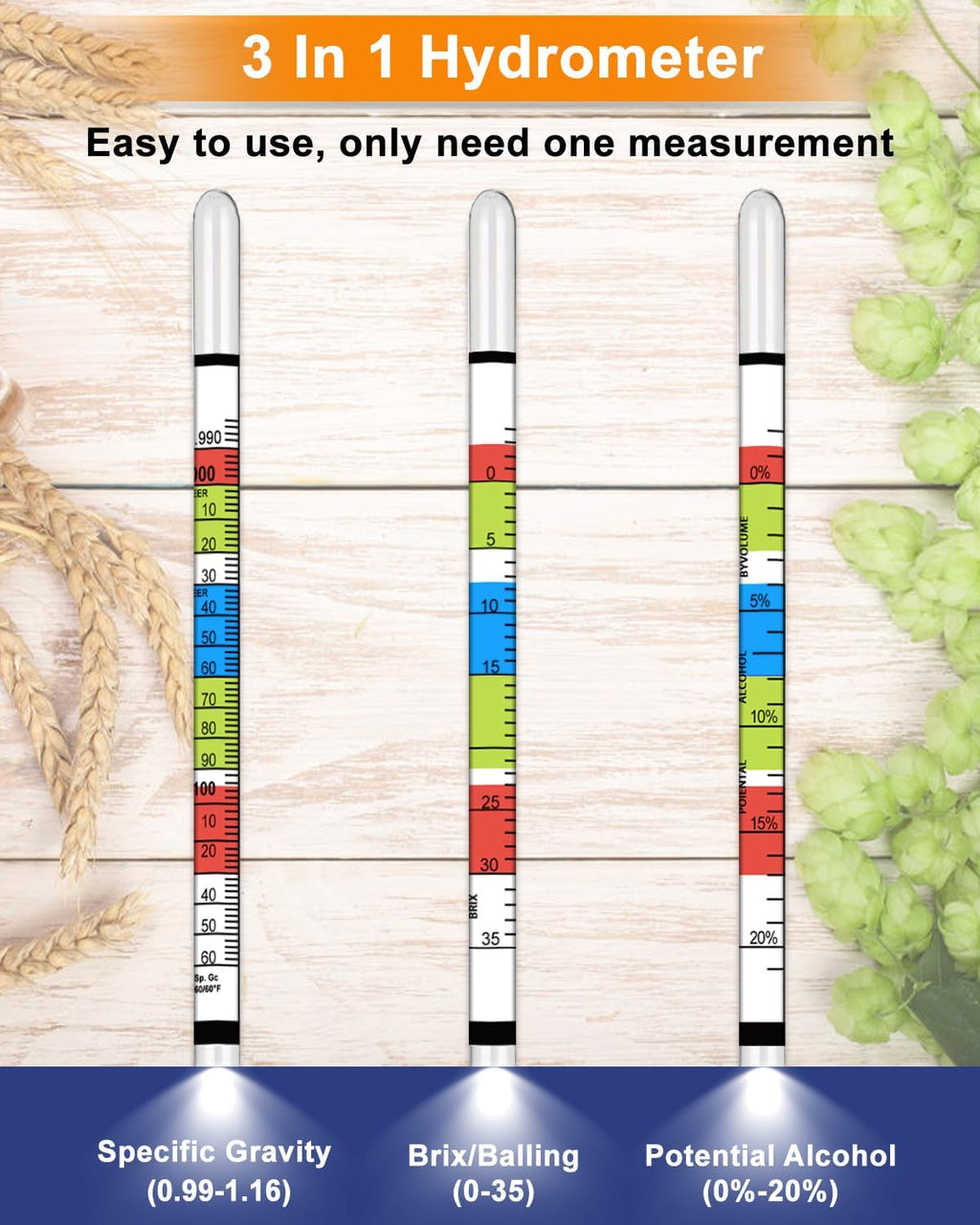 Triple Scale Hydrometer, Alcohol Hydrometer for Wine, Mead, Kombucha & Beer, Mead Making Kit, (ABV Tester, Brix