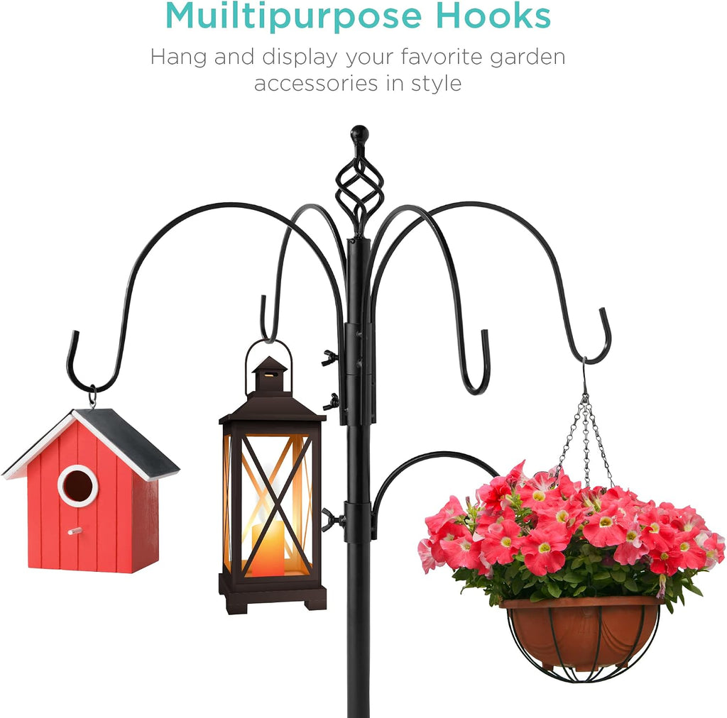 6-Hook Bird Feeding Station, Steel Multi-Feeder Kit Stand for Attracting Wild Birds w/ 4 Bird Feeders, Mesh Tray