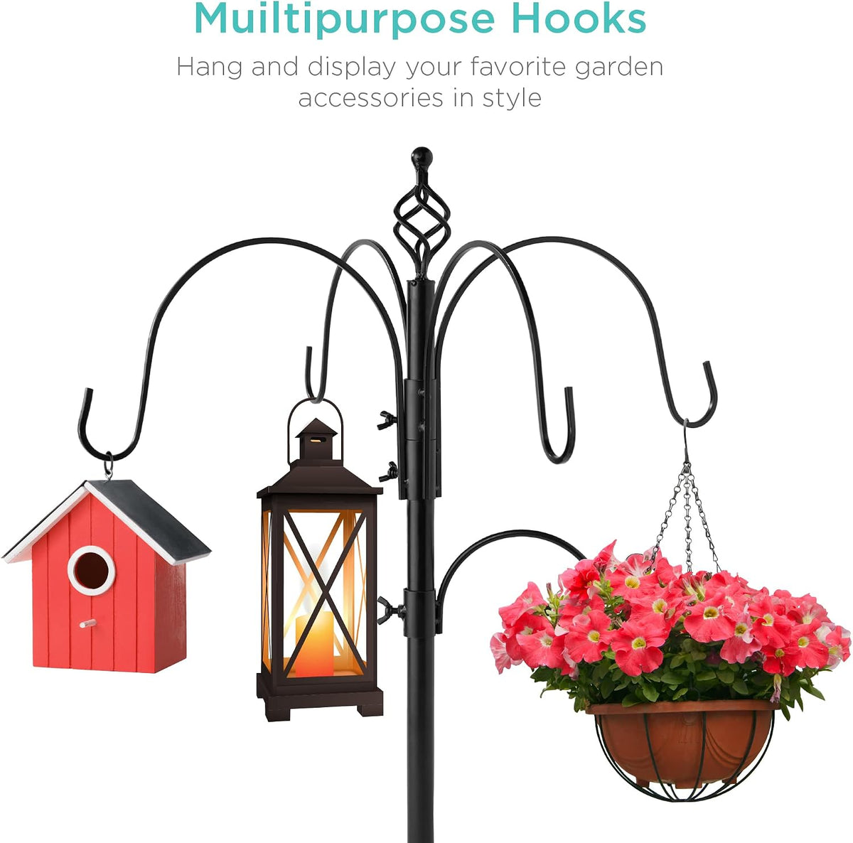 6-Hook Bird Feeding Station, Steel Multi-Feeder Kit Stand for Attracting Wild Birds w/ 4 Bird Feeders, Mesh Tray