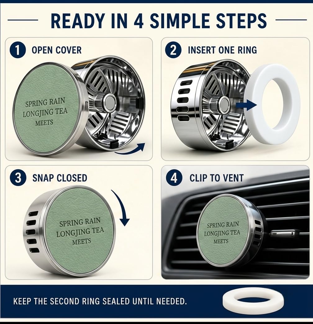 Refillable Car Vent Air Freshener Clip, Metal Magnetic Diffuser, Replaceable Solid Scent Rings
