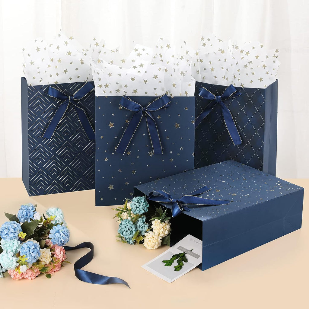 4 Pack 9" Medium Size Gift Bags Assorted Premium Blue Gift Bags with Tissue Paper Use for Birthdays, Baby