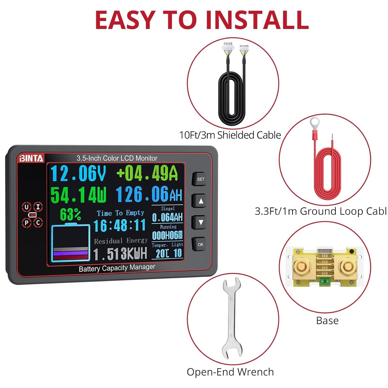 500A Battery Monitor with Shunt, 8-100V 3.5 Inch Color Screen