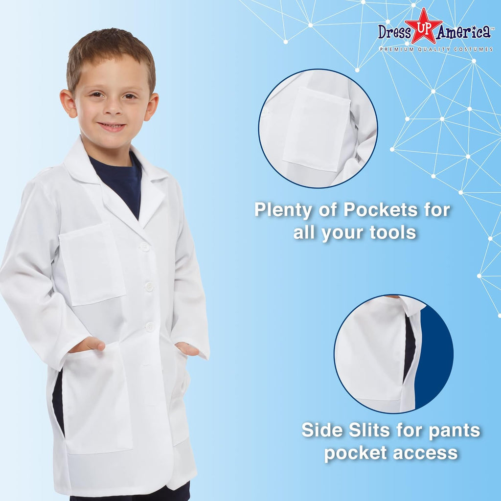 Kids Lab Coat – White Doctor Costume for Boys & Girls – STEM Play Dress-Up for Scientists & Doctors