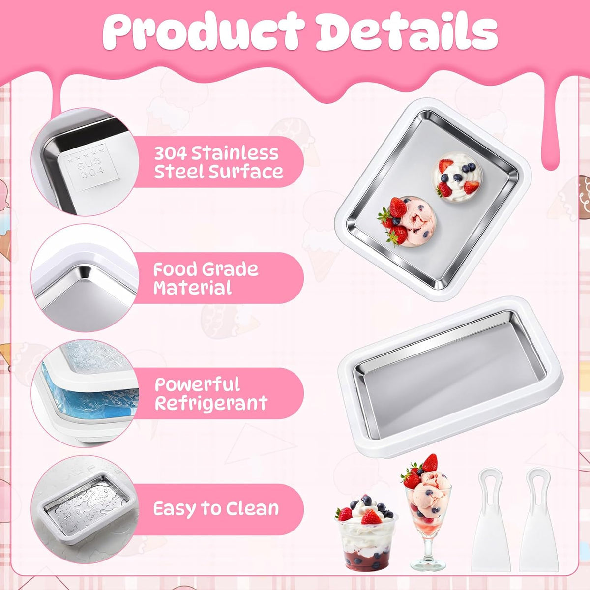 2 Sets Rolled Ice Cream Maker, Ice Cream Plate with 2 Scrapers