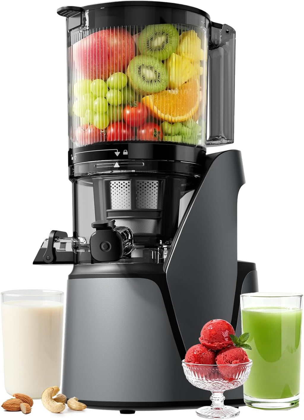 Juicer Machines, 3-in-1 Cold Press Juicer, Premium Gray | Makes Juice, Nut Milk & Sorbet, 6.5" Extra Large Chute