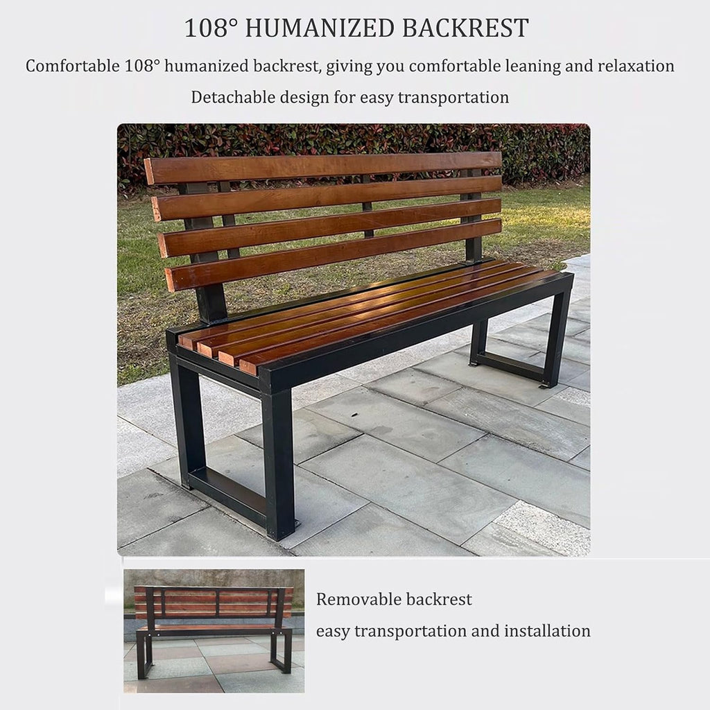 Outdoor Garden Bench Metal Park Bench, 2-3 Person Seat Loveseat Chairs Patio Bench Chair with Backrest,Solid wood