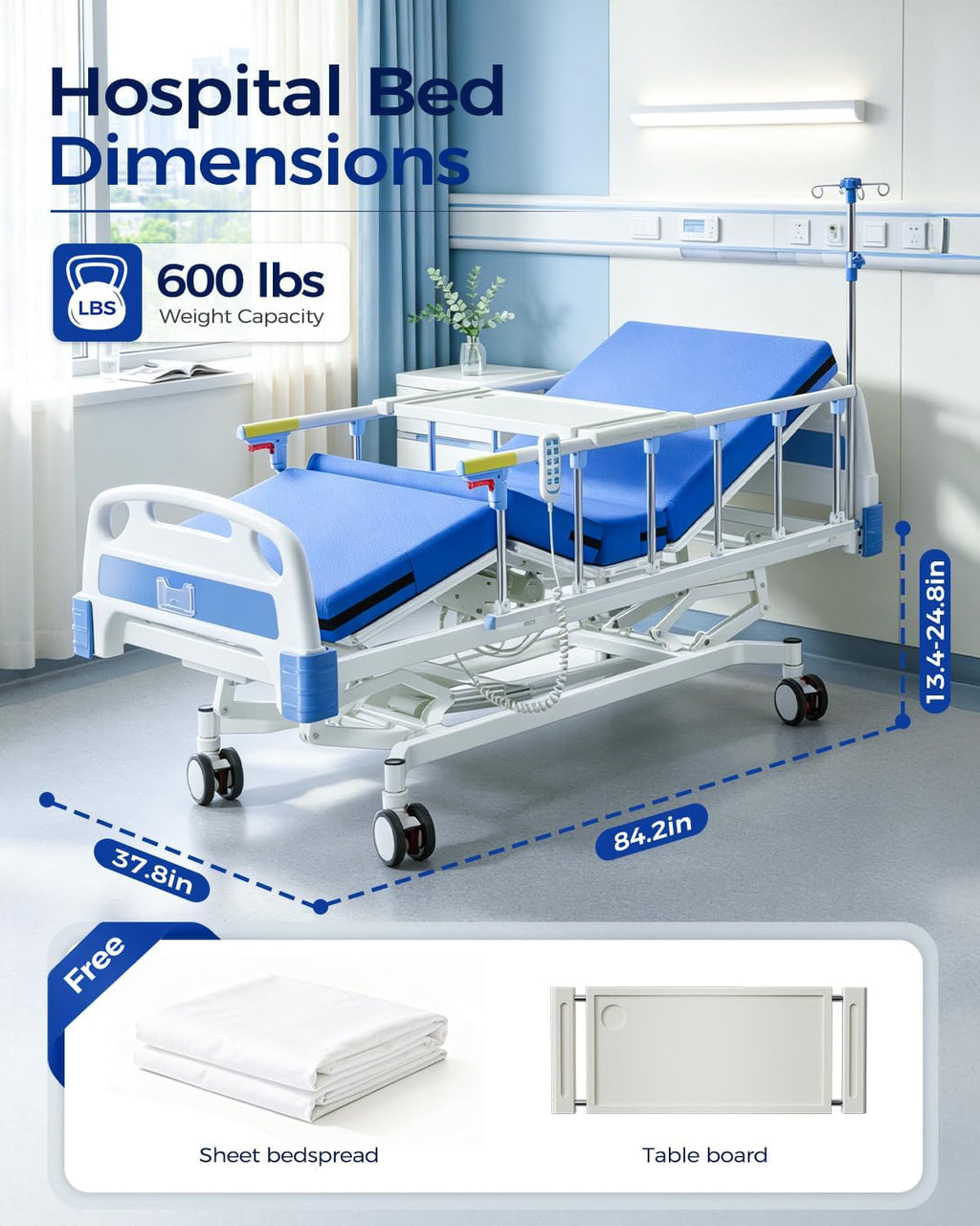 4 Function 600LBS Full Electric Hospital Bed, Beds for Home Use, Special Needs Medical Bed for Seniors with Mattress