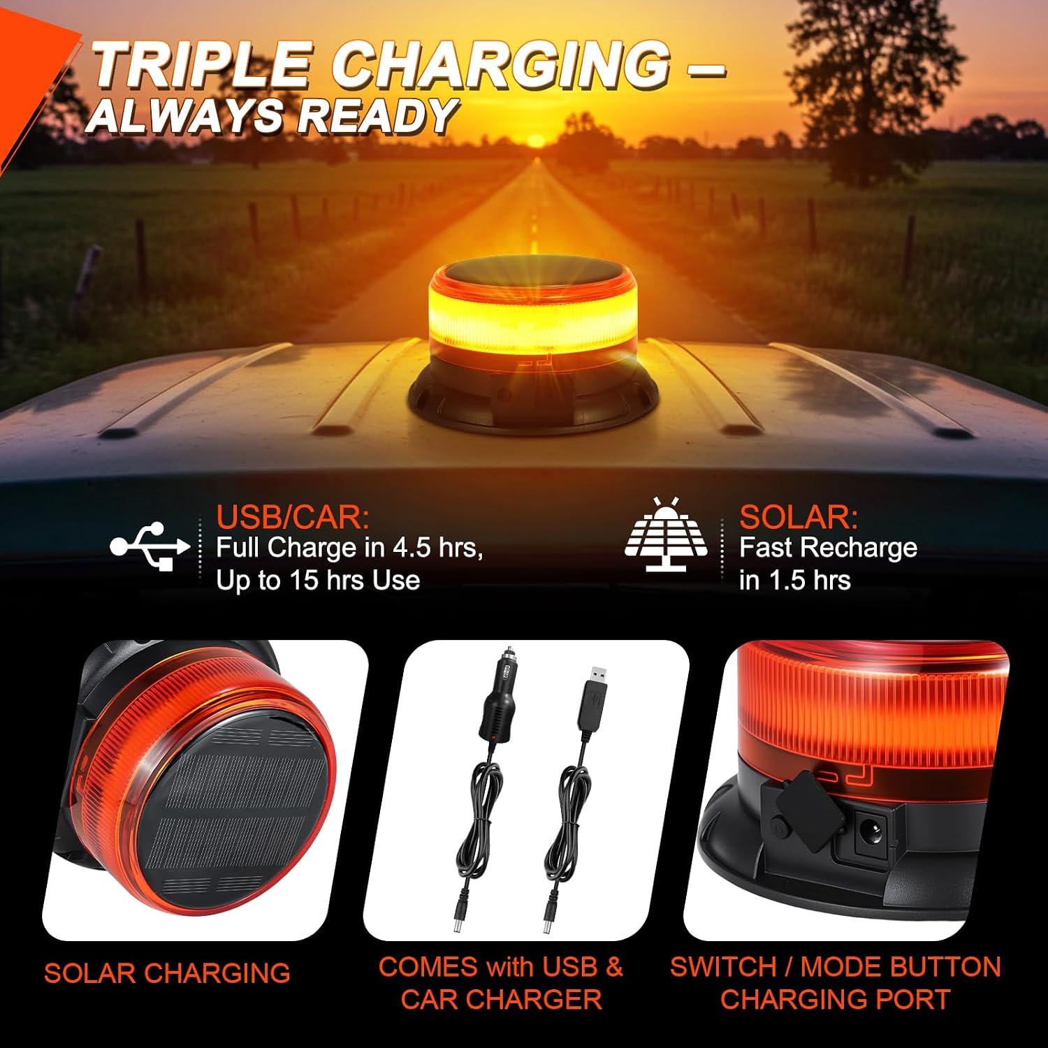 Solar Strobe Beacon Light, Amber Emergency Warning Light, Magnetic | Rechargeable 360° Flashing with 9 Modes and
