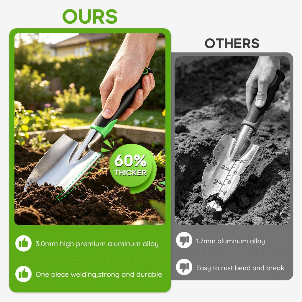 Garden Tool Set, 3 Pack Aluminum Heavy Duty Gardening Kit Includes Hand Trowel, Transplant Trowel and Cultivator Hand