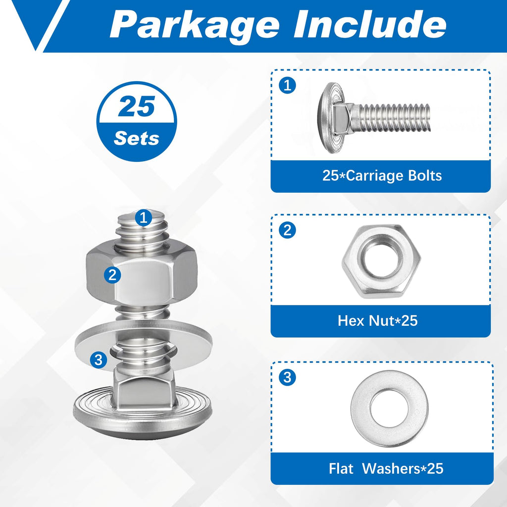 25 Sets 3/8-16 x 1 Carriage Bolts and Nuts Kit,Silver