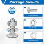 25 Sets 3/8-16 x 1 Carriage Bolts and Nuts Kit,Silver