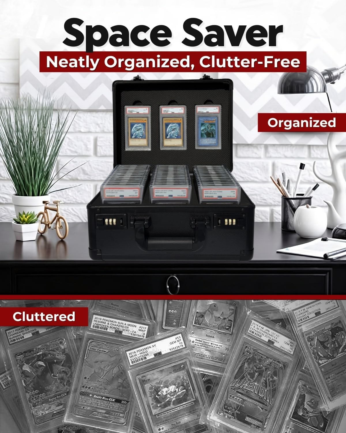 3-Row Graded Card Case - Graded Card Storage Box with Combination Lock | PSA slab case with lid display and 6 foam