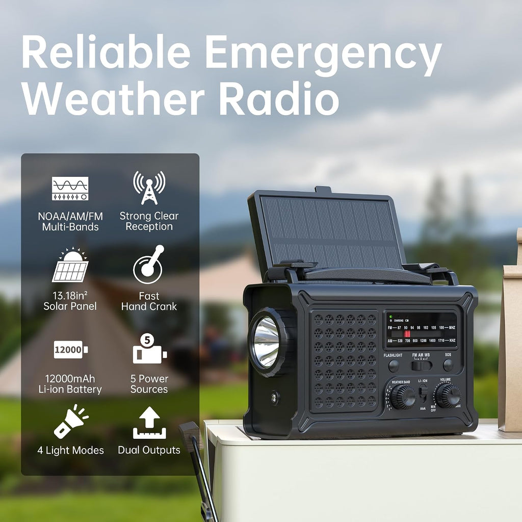 Emergency Weather Radio NOAA Alert with Battery Backup 12000mAh | Solar Hand Crank, Radios Portable AM FM LED