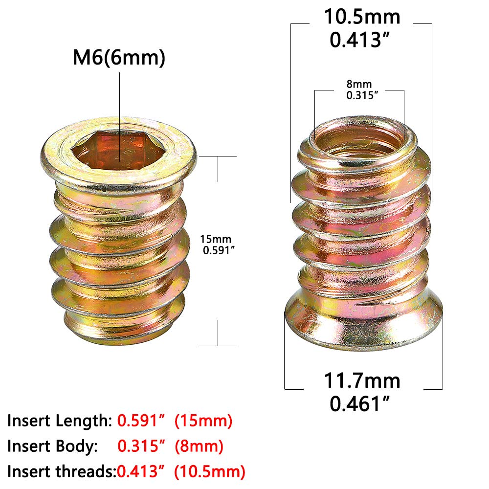 80Pcs M6x15mm Hex Nut Inserts Wood Threaded Fastener for Furniture