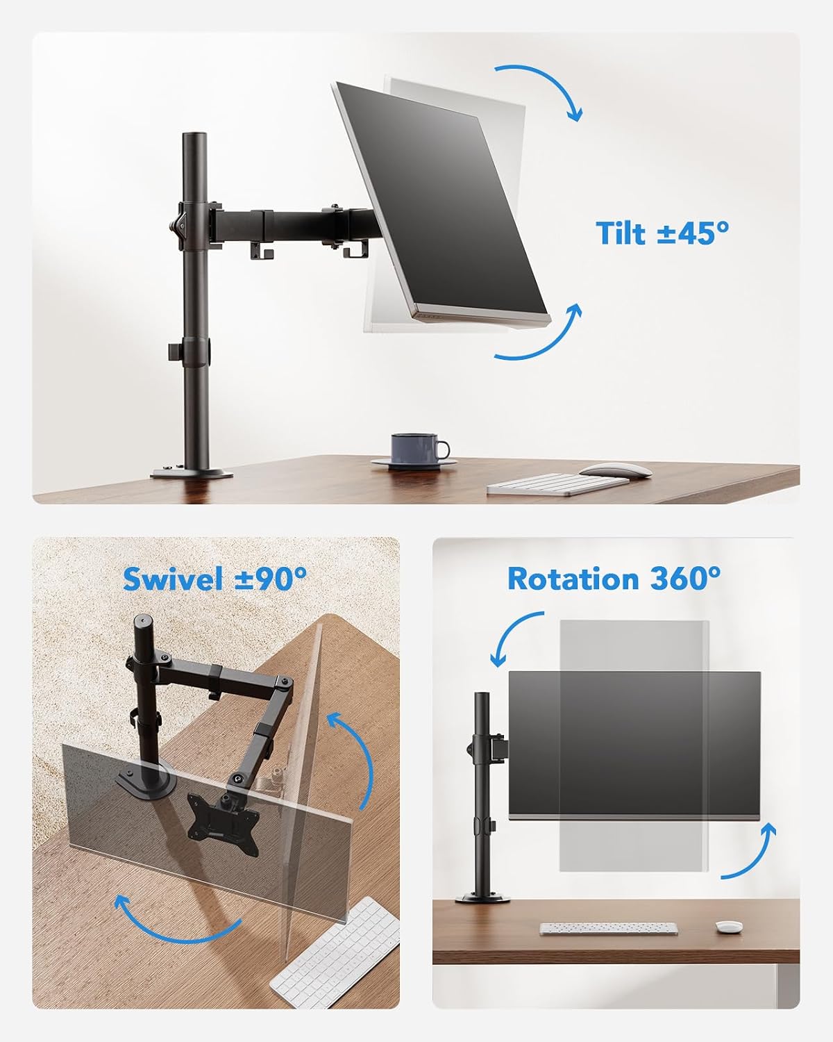 Single Monitor Mount, Monitor Arm for 13”-32” Monitors up to 17.6 lbs, Adjustable Stand with 16” Max Height, Desk